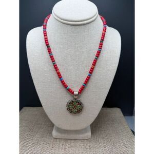 Sterling Silver Mosaic Pendant Necklace on Red Beaded Strand – Boho Artisan Styl